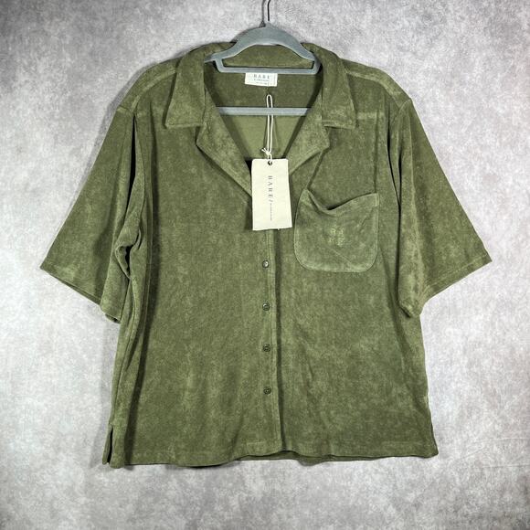 Bare Charlie Holiday The Terry Towelling Shirt Womens XL‎ Green Short Sleeve NEW - Picture 1 of 10